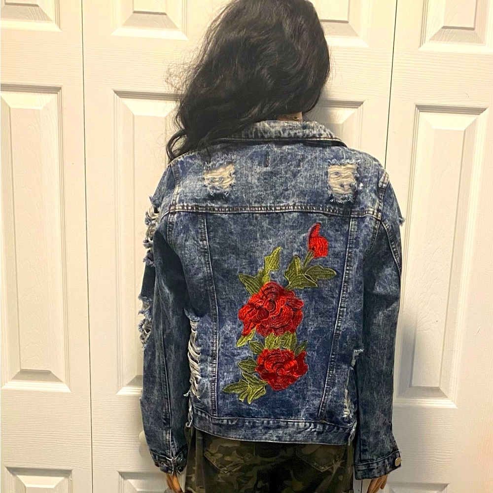 Distressed Denim Jacket w/ back embroidered design size XL